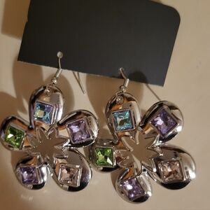 Paparazzi Silver Floral Earrings with Purple and Green Accents